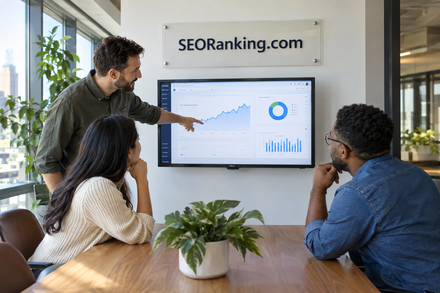 A search team discussing performance at an SEORanking.com workstation