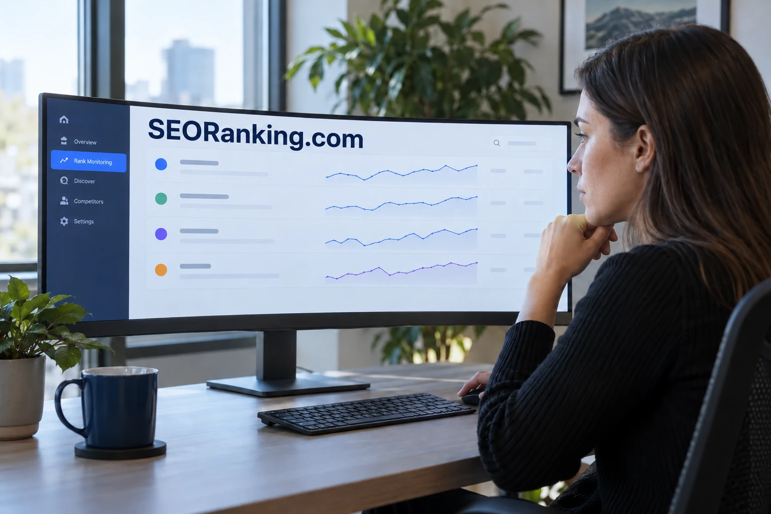 Search analyst reviewing a monitoring interface at an SEORanking.com workstation