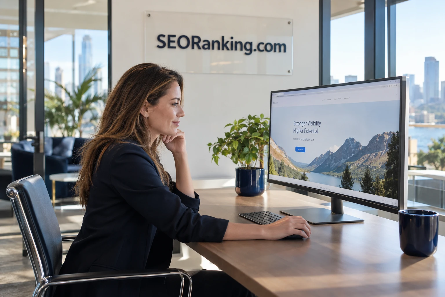 An analyst reviewing search data beneath SEORanking.com signage